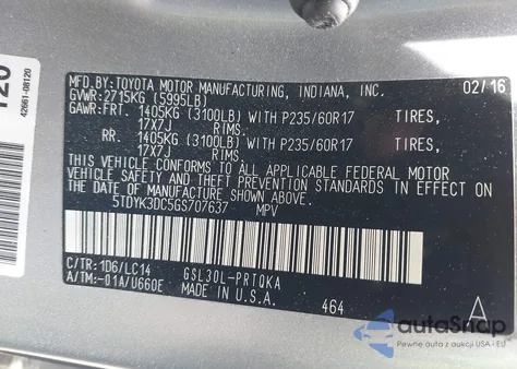 2016 Toyota Sienna Xle 8 Passenger from USA, damaged, VIN 5TDYK3DC5GS707637